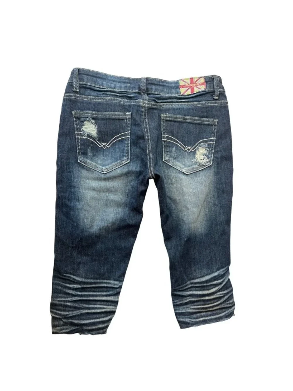 Machine Distressed Denim Capri Jeans Dark Wash Rhinestone Accents Y2K‎ Size 31W